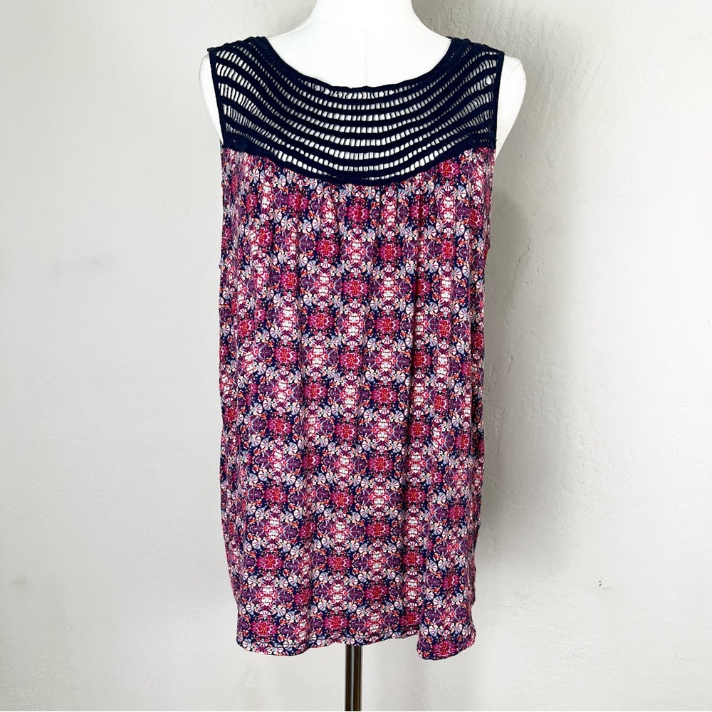 Loveapella Floral Sleeveless Top Navy Lattice Lace Sheer‎ Round Neckline Size XL